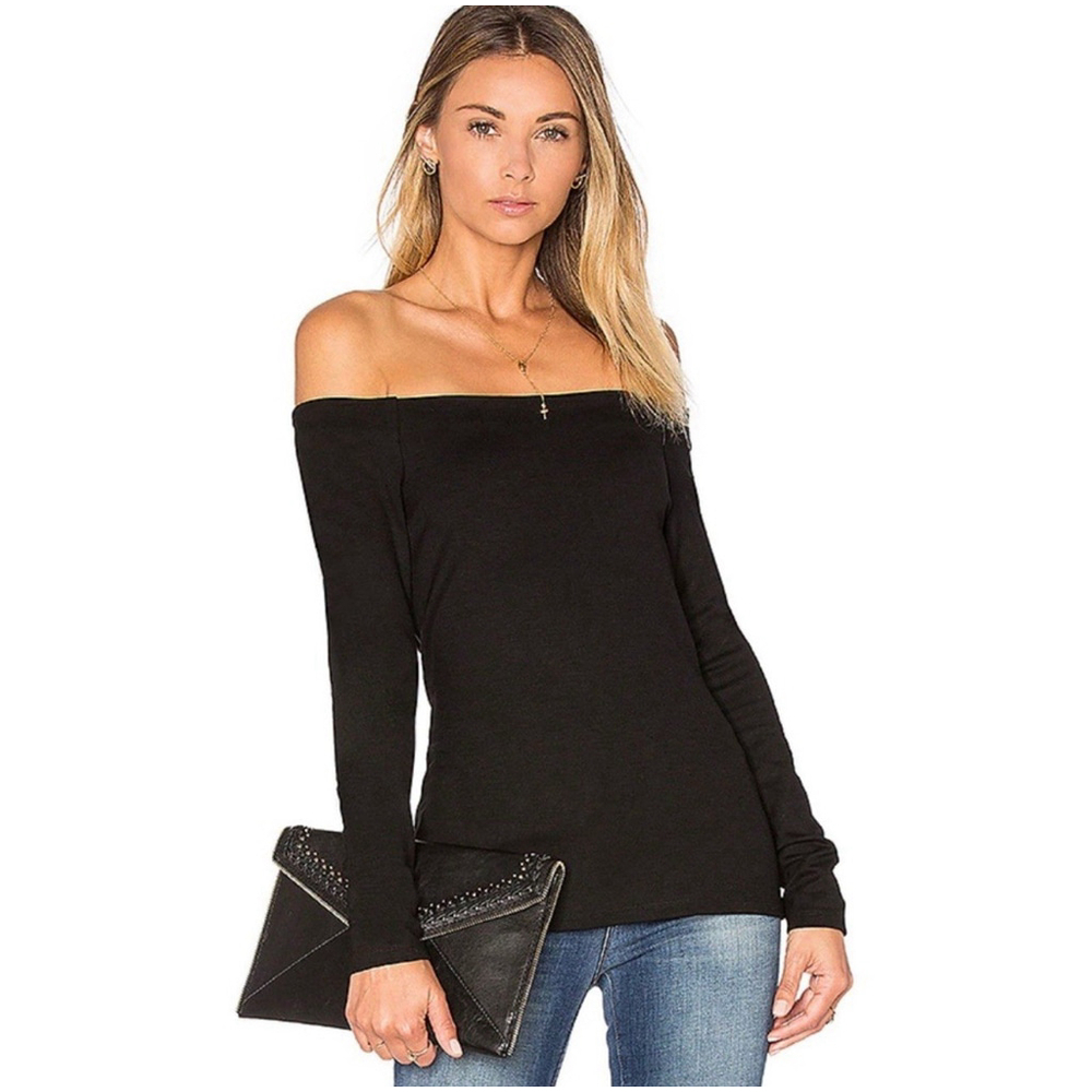 L'Agence Revolve Cynthia Off Shoulder Long Sleeve Top XS Black Ponte Knit Jersey